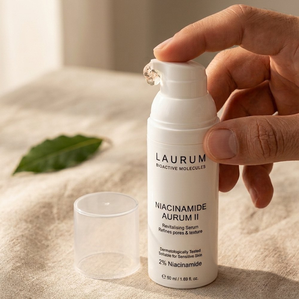 Mano che aziona il dispenser airless di Niacinamide Aurum II