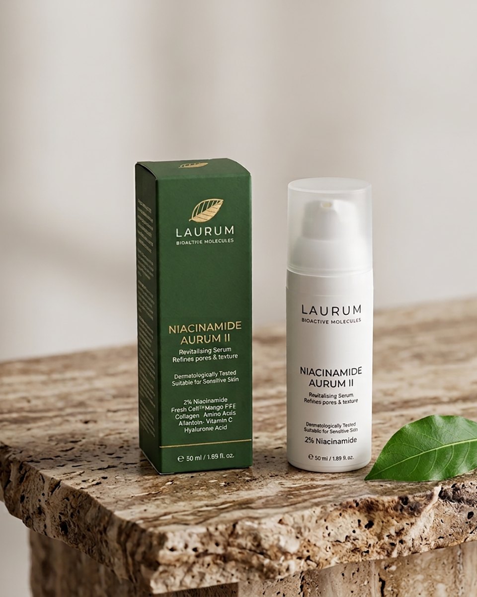 Flacone airless Niacinamide Aurum II accanto al suo astuccio, su pietra naturale